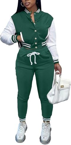 Womens Two Piece Tracksuit Button Down Cropped Varsity Jacket Pants Set Jogger Sweatsuit in Saudi Arabia