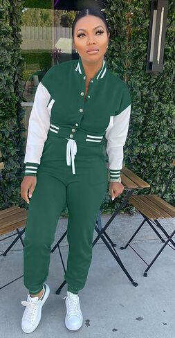 Womens Two Piece Tracksuit Button Down Cropped Varsity Jacket Pants Set Jogger Sweatsuit in Saudi Arabia