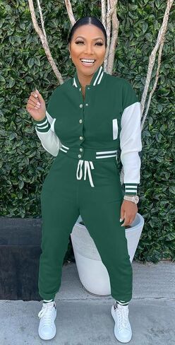 Womens Two Piece Tracksuit Button Down Cropped Varsity Jacket Pants Set Jogger Sweatsuit in Saudi Arabia