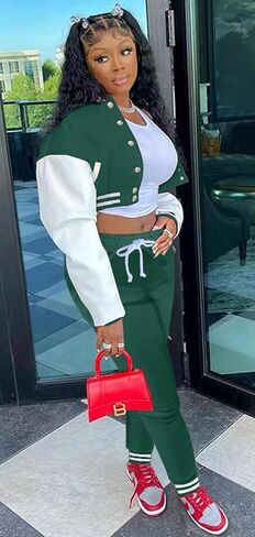 Womens Two Piece Tracksuit Button Down Cropped Varsity Jacket Pants Set Jogger Sweatsuit in Saudi Arabia