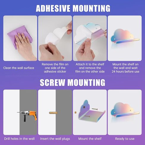 NiHome Extra Large Iridescent Acrylic Floating Shelves, 2 Pack Cloud Shelves - Floating Shelf for Wall, Wall Mountable and Multi-Functional for Home Décor, Bathroom, Kitchen, Bedroom in Saudi Arabia