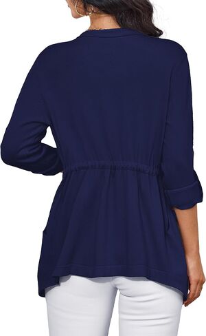Womens Sweaters 3/4 Roll Sleeve Drawstring Waist Lapel Cardigan for Women with Pockets, S-XL in Saudi Arabia