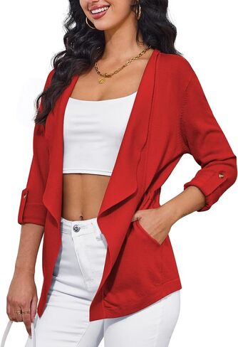 Womens Sweaters 3/4 Roll Sleeve Drawstring Waist Lapel Cardigan for Women with Pockets, S-XL in Saudi Arabia