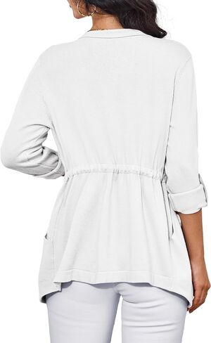 Womens Sweaters 3/4 Roll Sleeve Drawstring Waist Lapel Cardigan for Women with Pockets, S-XL in Saudi Arabia