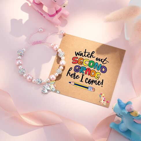 HGDEER Kindergarten/1st/2nd Here I Come | Unicorn Pink Pearl Bracelet for Girls | Adjustable Length from 4-10 inches | Unicorn - Represent the Girl Bravery, Beauty, and Purity in Saudi Arabia