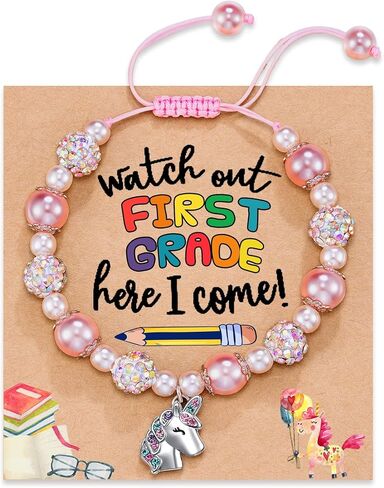 HGDEER Kindergarten/1st/2nd Here I Come | Unicorn Pink Pearl Bracelet for Girls | Adjustable Length from 4-10 inches | Unicorn - Represent the Girl Bravery, Beauty, and Purity in Saudi Arabia