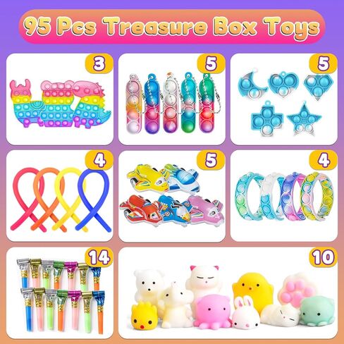 95 Pcs Party Favors for Kids 3-5 4-8-12, Treasure Box Toys for Classroom Prizes, Pinata Filler, Goodie Bag Stuffers, Treasure Chest Carnival Prizes Bulk Birthday Gifts Toys, Pop Fidget Toys Pack in Saudi Arabia