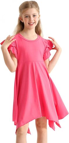 فساتين غير رسمية للفتيات صيفية برقبة دائرية وأكمام مكشكشة بطبقة مزدوجة ملابس لطيفة للركبة متأرجحة عالية ومنخفضة لعمر 4-13 سنة in Kuwait