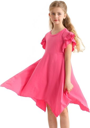 فساتين غير رسمية للفتيات صيفية برقبة دائرية وأكمام مكشكشة بطبقة مزدوجة ملابس لطيفة للركبة متأرجحة عالية ومنخفضة لعمر 4-13 سنة in Kuwait