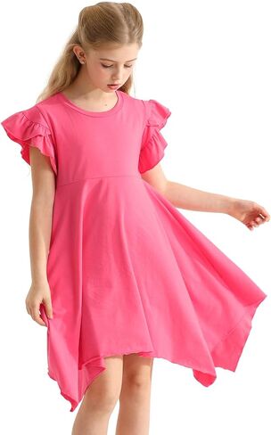 فساتين غير رسمية للفتيات صيفية برقبة دائرية وأكمام مكشكشة بطبقة مزدوجة ملابس لطيفة للركبة متأرجحة عالية ومنخفضة لعمر 4-13 سنة in Kuwait