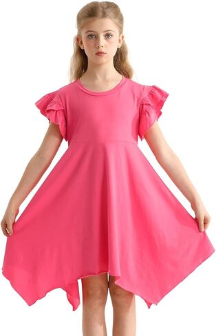 فساتين غير رسمية للفتيات صيفية برقبة دائرية وأكمام مكشكشة بطبقة مزدوجة ملابس لطيفة للركبة متأرجحة عالية ومنخفضة لعمر 4-13 سنة in Kuwait