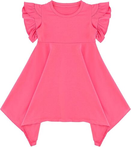 فساتين غير رسمية للفتيات صيفية برقبة دائرية وأكمام مكشكشة بطبقة مزدوجة ملابس لطيفة للركبة متأرجحة عالية ومنخفضة لعمر 4-13 سنة in Kuwait