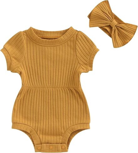 Baby Girls Romper Round Neck Short Sleeve Ribbed Daisy Bodysuit Toddler Summer Smocked Romper Clothes with Headband in Saudi Arabia