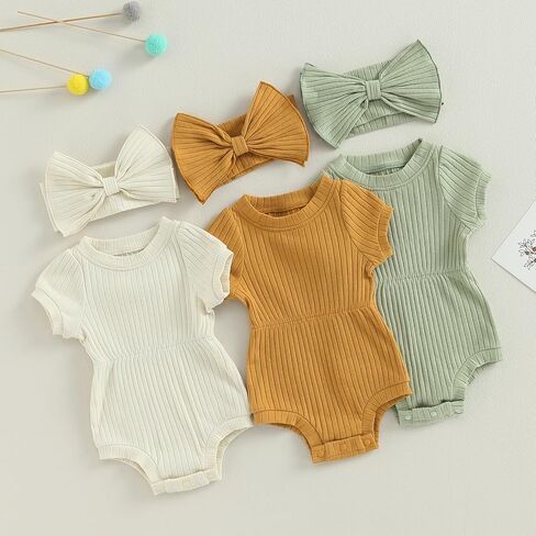 Baby Girls Romper Round Neck Short Sleeve Ribbed Daisy Bodysuit Toddler Summer Smocked Romper Clothes with Headband in Saudi Arabia