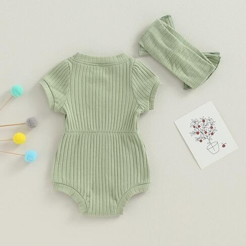 Baby Girls Romper Round Neck Short Sleeve Ribbed Daisy Bodysuit Toddler Summer Smocked Romper Clothes with Headband in Saudi Arabia