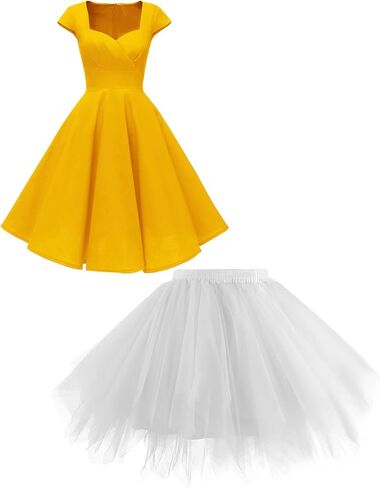 فستان نسائي عتيق بأكمام قصيرة من Hanpceirs ذهبي M + تنورة توتو من الخمسينيات من القرن الماضي لحفلات الهالوين وحفلات الكريسماس أبيض S/M in Kuwait