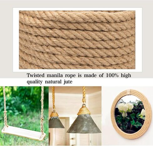 Natural Jute Rope 1/2 inch 100 feet, Twisted Manila Rope Hemp Rope Sisal Rope for Cat Scratching Post, Camping, Crafts, Tug of War, Railings Decorate, Hanging, Hammock, DIY Projects in Saudi Arabia