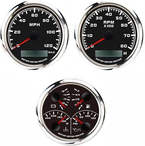 MOTOR METER RACING W PRO Series 3 Gauge Set 110mm 4-3/8" GPS Speedometer, Tachometer & 4 in 1 Multi-Function Volt, Fuel Level, Water Temperature & Oil Pressure Black Dial White LED for Car, Boat in Saudi Arabia