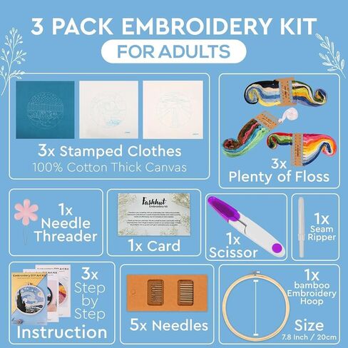 Fashhut 4 Sets Embroidery Kit for Beginners with Tutorial Videos, Stamped Patterns - DIY Starter Embroidery Kit for Beginner Adults and Kids, 1x Hoop | Simple Stitches Hand Embroidery Kit in Saudi Arabia