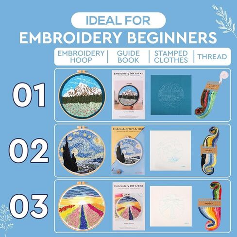 Fashhut 4 Sets Embroidery Kit for Beginners with Tutorial Videos, Stamped Patterns - DIY Starter Embroidery Kit for Beginner Adults and Kids, 1x Hoop | Simple Stitches Hand Embroidery Kit in Saudi Arabia