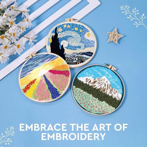 Fashhut 4 Sets Embroidery Kit for Beginners with Tutorial Videos, Stamped Patterns - DIY Starter Embroidery Kit for Beginner Adults and Kids, 1x Hoop | Simple Stitches Hand Embroidery Kit in Saudi Arabia