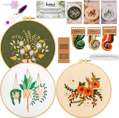 Fashhut 4 Sets Embroidery Kit for Beginners with Tutorial Videos, Stamped Patterns - DIY Starter Embroidery Kit for Beginner Adults and Kids, 1x Hoop | Simple Stitches Hand Embroidery Kit in Saudi Arabia