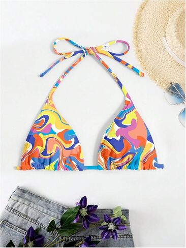 SOLY HUX Women's Plus Size String Halter Bikini Swimsuit Top Printed Triangle Bathing Suit Tops Beachwear in Saudi Arabia