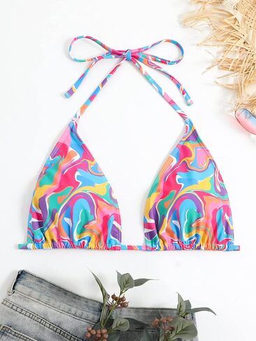 SOLY HUX Women's Plus Size String Halter Bikini Swimsuit Top Printed Triangle Bathing Suit Tops Beachwear in Saudi Arabia