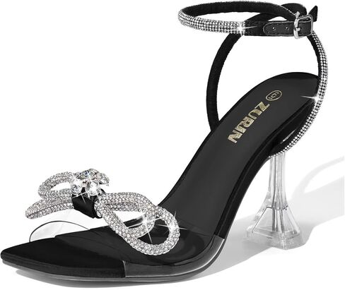 ZURIN Women's Bow Rhinestone Heels Clear Heeled Sandals Prom Crystal Shoes | Square Open Toe, Sparkly Glitter Bling Double Bowknots, Slingback High Heel, Dress Evening Party Formal in Saudi Arabia