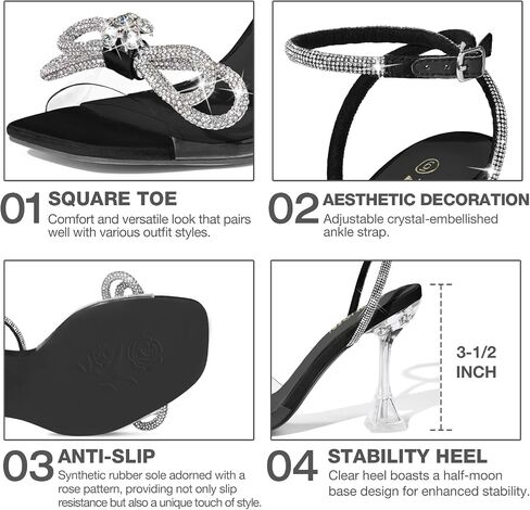 ZURIN Women's Bow Rhinestone Heels Clear Heeled Sandals Prom Crystal Shoes | Square Open Toe, Sparkly Glitter Bling Double Bowknots, Slingback High Heel, Dress Evening Party Formal in Saudi Arabia