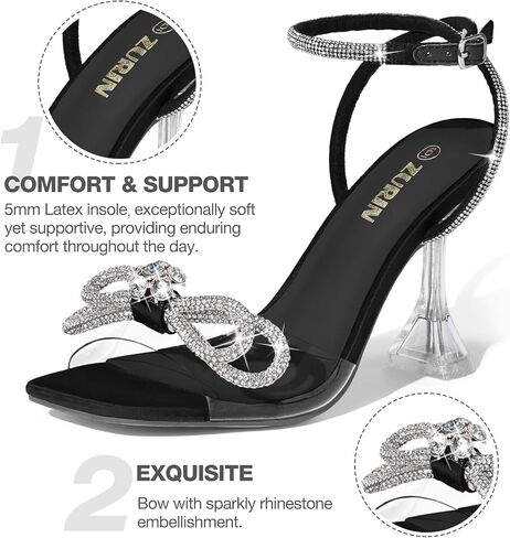 ZURIN Women's Bow Rhinestone Heels Clear Heeled Sandals Prom Crystal Shoes | Square Open Toe, Sparkly Glitter Bling Double Bowknots, Slingback High Heel, Dress Evening Party Formal in Saudi Arabia