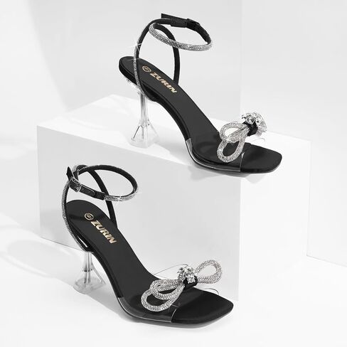 ZURIN Women's Bow Rhinestone Heels Clear Heeled Sandals Prom Crystal Shoes | Square Open Toe, Sparkly Glitter Bling Double Bowknots, Slingback High Heel, Dress Evening Party Formal in Saudi Arabia