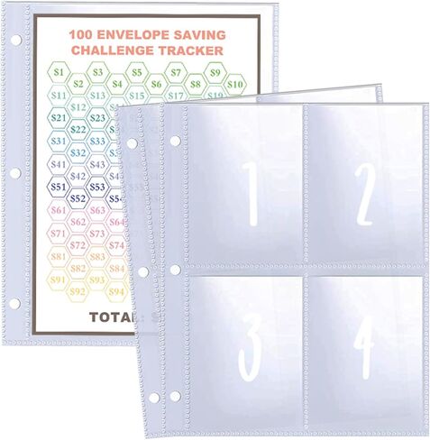 25 Pcs 4 Pocket 100 Envelopes Money Saving Challenge Sleeves and Tracker Sheet Protector, Fit for Mini 3 Ring A5 Binder, Pre-Printed 1~100 Numbers Money Pockets Refill Pages,Top Loading Currency Pages in Kuwait