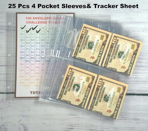 25 Pcs 4 Pocket 100 Envelopes Money Saving Challenge Sleeves and Tracker Sheet Protector, Fit for Mini 3 Ring A5 Binder, Pre-Printed 1~100 Numbers Money Pockets Refill Pages,Top Loading Currency Pages in Kuwait