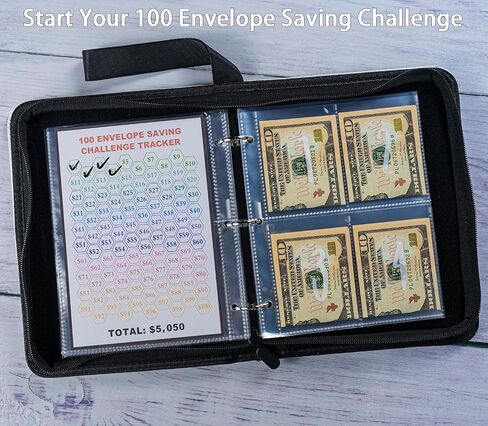 25 Pcs 4 Pocket 100 Envelopes Money Saving Challenge Sleeves and Tracker Sheet Protector, Fit for Mini 3 Ring A5 Binder, Pre-Printed 1~100 Numbers Money Pockets Refill Pages,Top Loading Currency Pages in Kuwait