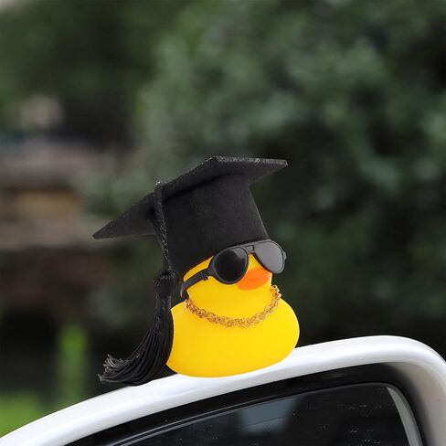wonuu Car Dashboard Decor Graduation Hat Rubber Duck, Car Ducks Ornaments with Mini Hat Necklace Sunglasses Scarf (Black) in Saudi Arabia