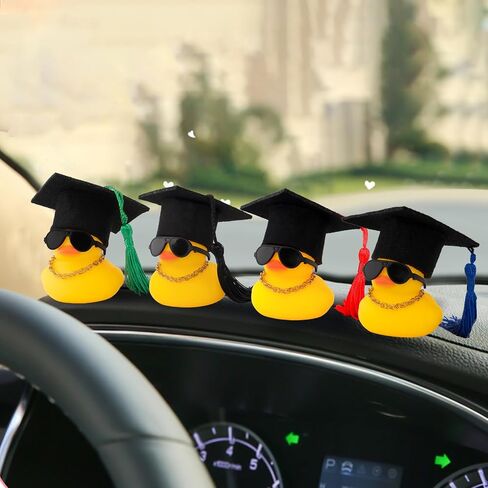 wonuu Car Dashboard Decor Graduation Hat Rubber Duck, Car Ducks Ornaments with Mini Hat Necklace Sunglasses Scarf (Black) in Saudi Arabia