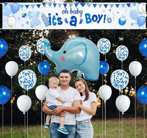 لافتة ساحة لافتة عيد ميلاد سعيد من Oh Baby It's a Boy مع بالونات على شكل فيل طفل جديد، خلفية خلفية لديكور حفلات عيد ميلاد الطفل، 20 قطعة in Saudi Arabia