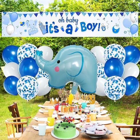 لافتة ساحة لافتة عيد ميلاد سعيد من Oh Baby It's a Boy مع بالونات على شكل فيل طفل جديد، خلفية خلفية لديكور حفلات عيد ميلاد الطفل، 20 قطعة in Saudi Arabia