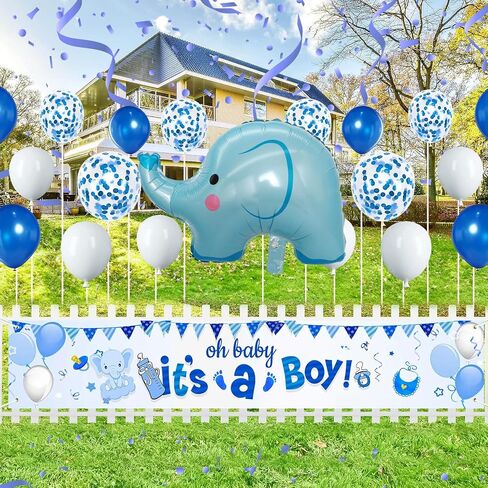 لافتة ساحة لافتة عيد ميلاد سعيد من Oh Baby It's a Boy مع بالونات على شكل فيل طفل جديد، خلفية خلفية لديكور حفلات عيد ميلاد الطفل، 20 قطعة in Saudi Arabia