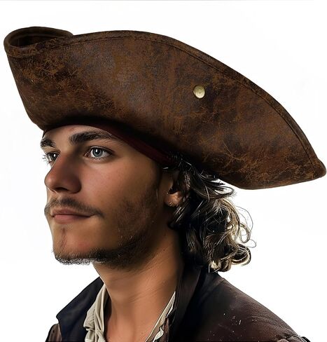 قبعة أصلية من الجلد الصناعي للقراصنة باللون البني لإكسسوارات أزياء الهالوين التريكو الاستعمارية للبالغين in Kuwait
