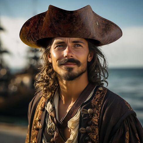 قبعة أصلية من الجلد الصناعي للقراصنة باللون البني لإكسسوارات أزياء الهالوين التريكو الاستعمارية للبالغين in Kuwait