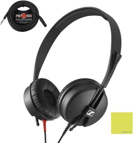 Sennheiser HD 25 Light On-Ear DJ Headphones, Black Bundle with Pig Hog PHX14-25 1/4" Headphone Extension Cable and Instrument Polishing Cloth - Professional Studio Monitoring Headphones in Saudi Arabia