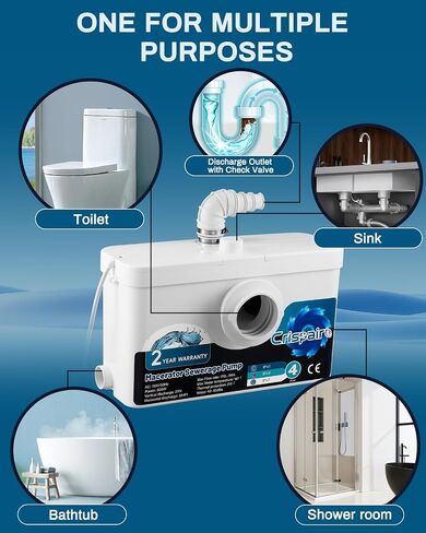 600W Macerator Sewerage Pump Toilet Upflush Pump Macerating Pump 33Ft/328Ft 170L/Min Flow for Basement Toilet Sink Shower Kitchen Laundry Washing Machine 4 Water Inlets Residential 110V CE in Saudi Arabia