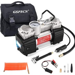 GSPSCN منفاخ الإطارات المحمولة مضخة ضاغط الهواء ذات الأسطوانة المزدوجة مع ضوء LED، مضخة هواء 12 فولت لإطارات السيارات، مضخة إطارات معدنية شديدة التحمل 150 رطل لكل بوصة مربعة مع قفل ظرف الهواء للسيارات، سيارات الدفع الرباعي، المركبات الترفيهية، الشاحنات، ا in Kuwait