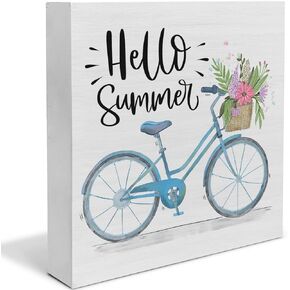 Country Hello Summer Wood Box Sign Decor Desk Sign Summer Quote Floral and Bicycle Wooden Box Block Sign Rustic Home Shelf Wall Decoration