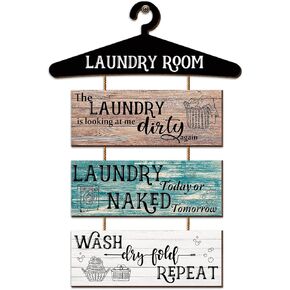 Laundry Room Decor 4 Pieces Wooden Laundry Room Signs Wall Decor Funny Laundry Room Signs Vintage Laundry Room Wash Dry Fold Repeat Signs Farmhouse Laundry Rustic Wall Decor (Brown, Blue, White)