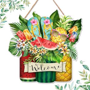 Hello Summer Door Sign Watermelon Welcome Sign Mason Jar Pineapple Popsicle Door Hanger for Front sandals tropical leaves Wreaths Wood Wall Hanging Decor for Farmhouse Porch Pediments