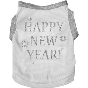 Petitebella Bling Happy New Year Puppy Dog Shirt (White/Gold, Medium)