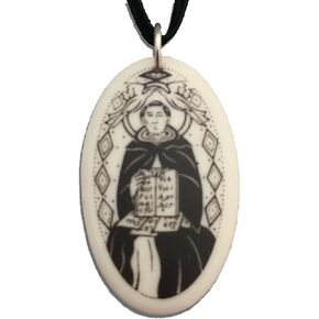 St Thomas Aquinas Porcelain Oval Medal on Braided Cord of Students and Catholic Schools